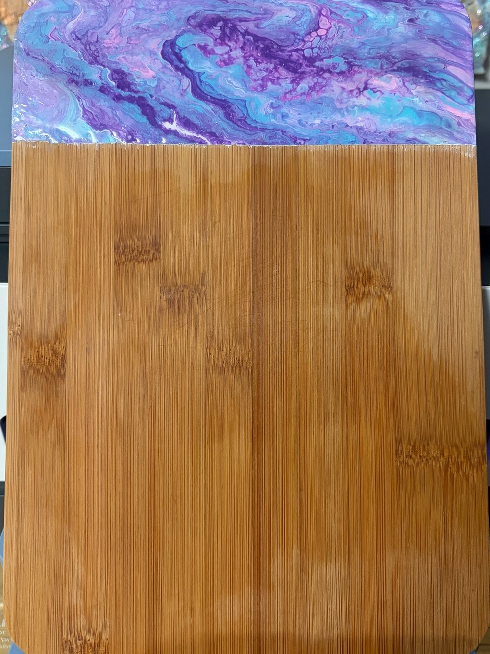 Handcrafted Bamboo Serving Board with Purple & Teal Resin Accent!